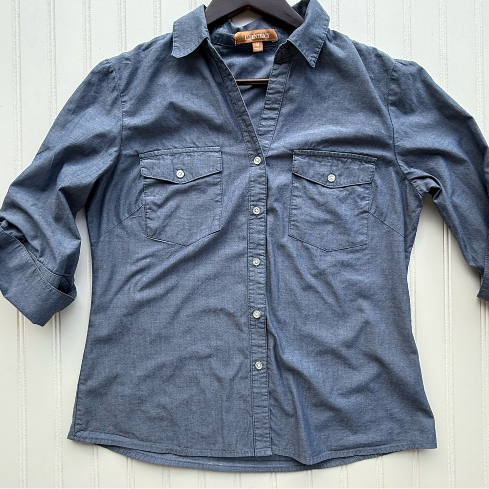 Ellen Tracy Women's Blue 100% Cotton Button Down Shirt